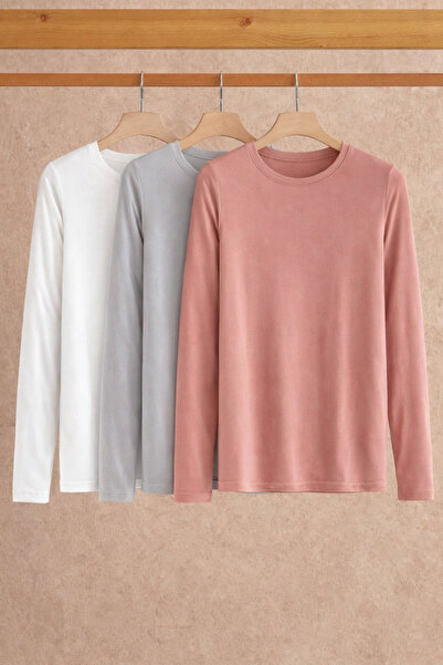 COMBİNE MİCHAİL Women's Cotton Crew Neck Slim Fit 3-Piece Blouse