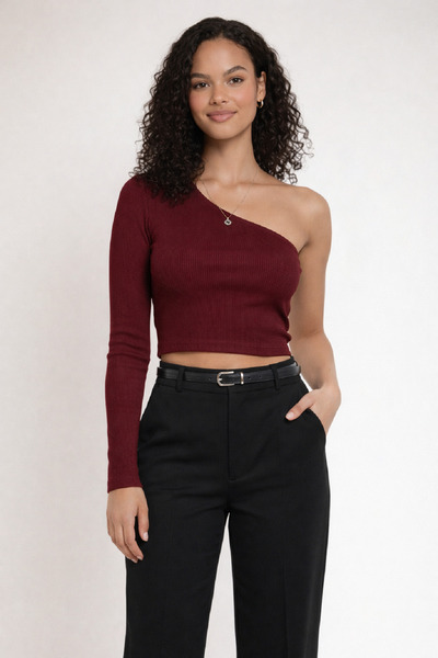 MİO ESTİLO Women's One-Shoulder Ribbed Crop Blouse