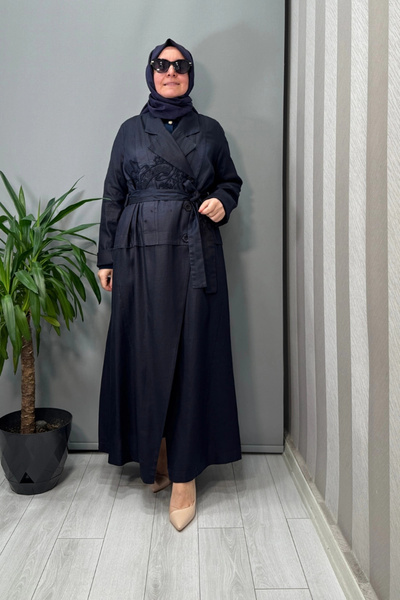 MissWhence Embroidery Detailed Viscon Overcoat Navy Blue 37501P