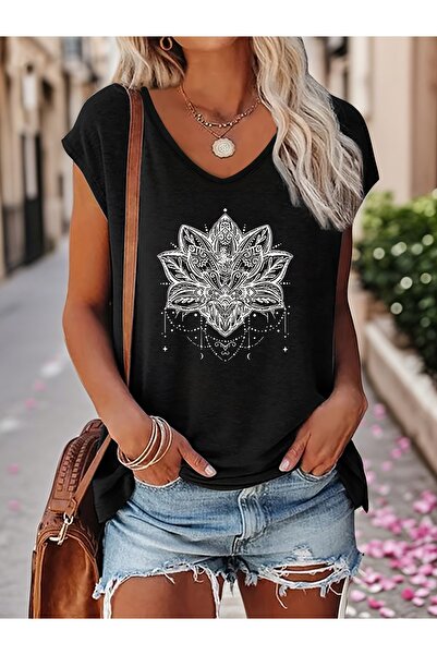 mercoledi Mix Printed Women's Sleeveless V-Neck Relaxed Fit T-Shirt