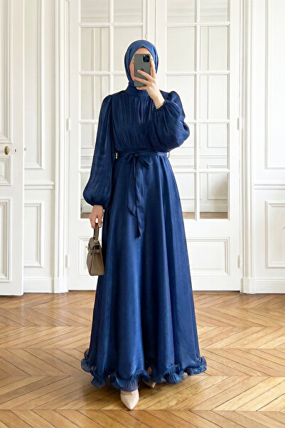 MODAQU Belted Skirt with Flounce Lining Chiffon Dress - Navy Blue