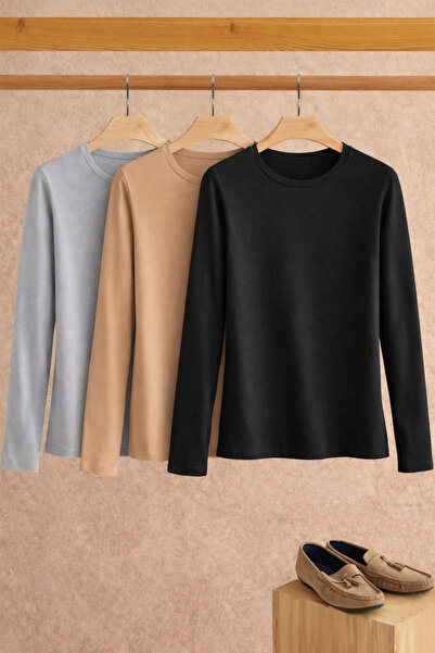 COMBİNE MİCHAİL Women's Cotton Crew Neck Slim Fit 3-Piece Blouse