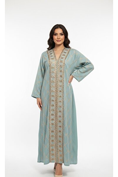 DADO BELLA Mint Yeşili Kadın Nakışlı Etnik Desenli V Yaka Uzun Elbise