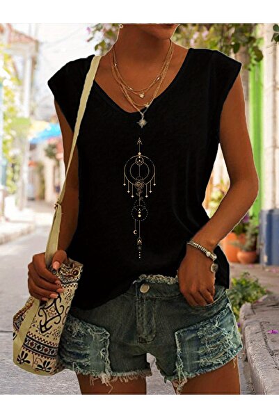 mercoledi Mix Printed Women's Sleeveless V-Neck Relaxed Fit T-Shirt