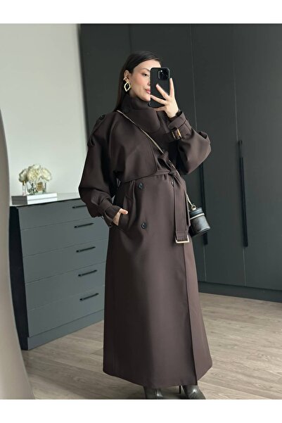 Tugen Co Stand-Up Collar Long Belted Trench Coat