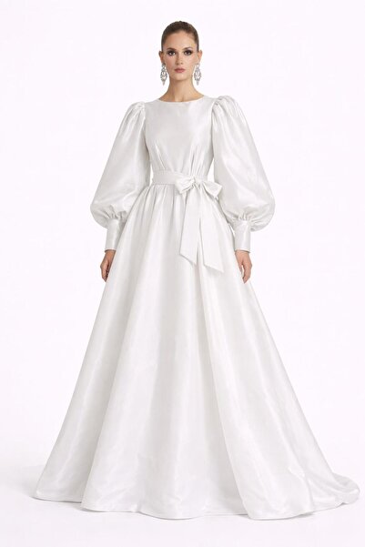 ALYEL NAKER Crew Neck & Balloon Sleeve Maxi Stylish Taffeta Event Dress