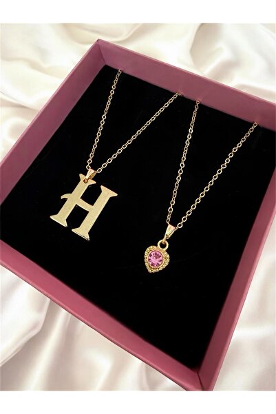 Madam Bikan Gold Renk Çelik H Harfi Pembe Kalp 2 Li Kombin Harf Kolye