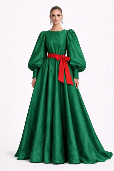 ALYEL NAKER Crew Neck & Balloon Sleeve Maxi Stylish Taffeta Event Dress