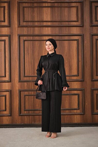ARWEN&ROSE TAŞ DETAYLI SATEN TAKIM-SİYAH