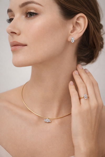 FA LORA TAKI Çelik Özel Pırlanta Markiz Kesim Tek Taş Choker Kolye Küpe Yüzük...