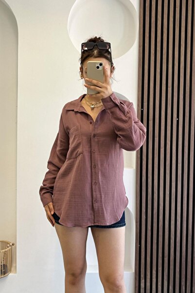 Tmptekstil قميص من قماش الكتان بتفاصيل جيوب - بلون البرقوق