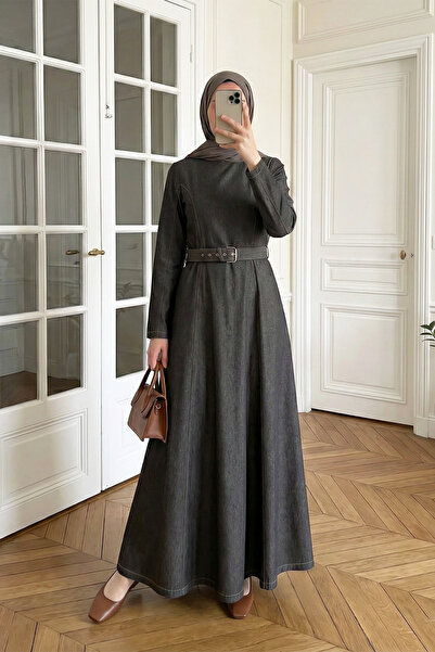 MODAQU Zippered Belted Long Denim Dress - Anthracite