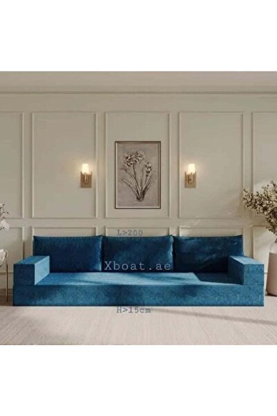 Xboat كنبة مجلس عربي – كنبة أرضية مخمل زرقاء تتسع لثلاثة أشخاص