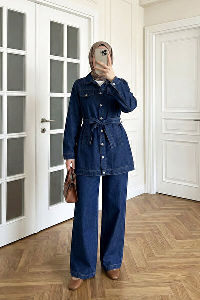 MODAQU Waist Belt Detailed Pocketed Denim Suit - Navy Blue