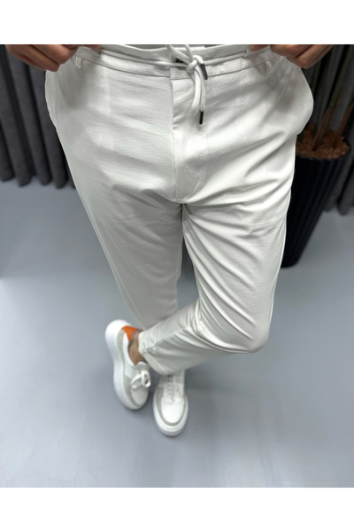 Avni Ceylan Men's Modern Fit Corduroy Lycra Elastic Waist Drawstring Trousers