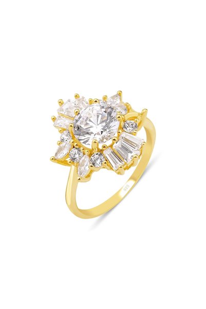 KLAZOJEWELRY 925 Ayar Gümüş Üzeri 18 Ayar Altın Kaplama Baget & Markiz Taşlı Çiçek Model Işıltılı Yüzük