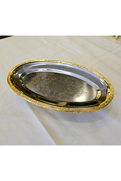 MaviDamla Stainless Steel Oval Presentation Plate with Casted Edge Frame 35 c...