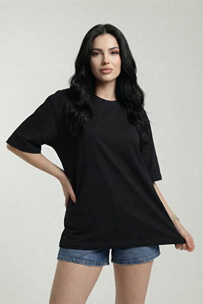 Veleno Women's Black Oversize Crew Neck Relaxed Comfortable Fit T-Shirt