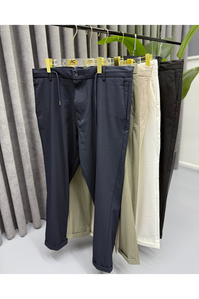 Avni Ceylan Men's Modern Fit Corduroy Lycra Elastic Waist Drawstring Trousers