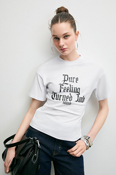 GRIMELANGE Riseluna women's soft fabric 100% cotton printed white t-shirt