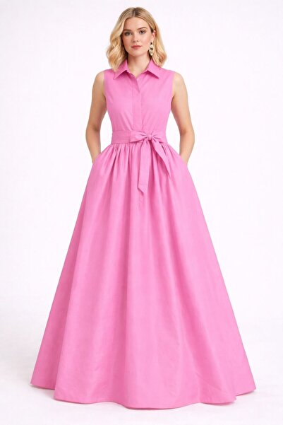 ALYEL NAKER Full Circle Opening & Belted Sleeveless Pink Taffeta Maxi Shirt D...