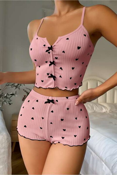 quilling Heart Patterned Knitted Fabric Pink S-17 Lycra Shorts Pajama Set: So...