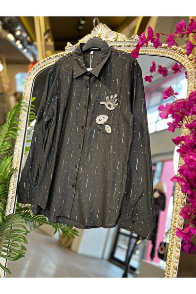 SERAP ESER EXCLUSIVE SERAP ESER EXCLUSİVE- TAŞLI İŞLEME DETAYLI SİYAH GÖMLEK
