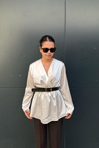 sunfyre Women's V-Neck Long Sleeve Satin Blouse with Elastic Waist Belt Detai...