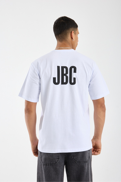 JBC Puffy Velvet Print Men's White Oversize Thick Tok Fabric Crew Neck T-Shirt