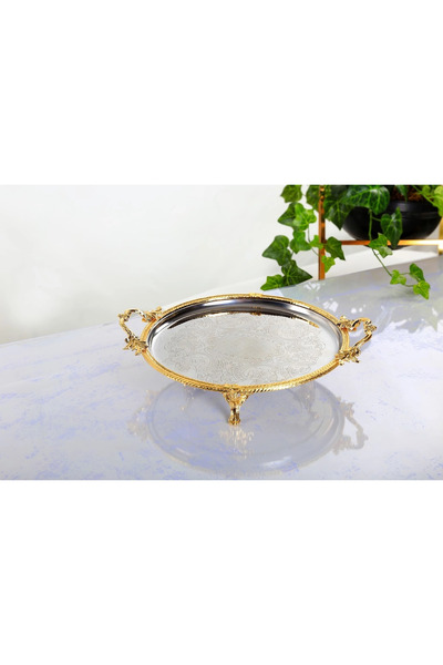 MaviDamla Stainless Steel Tray with Casted Edge Frame 25 cm Silver / Gold Detail