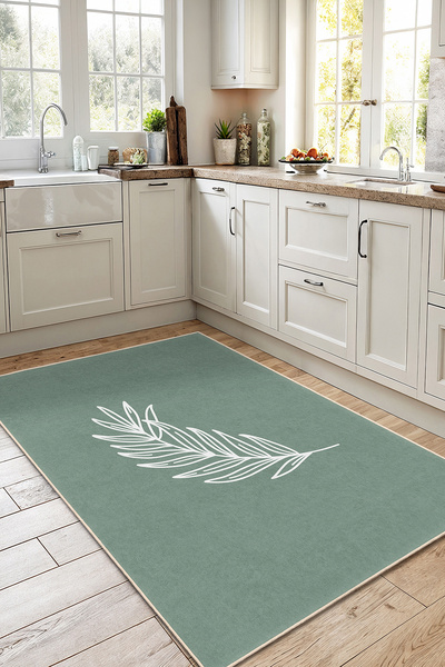 Home Beyaz Yaprak Desenli Soft Yeşil Zeminli Modern Dekoratif Mutfak Halısı