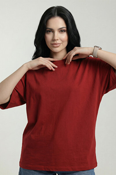 Veleno Women's Red Oversize Crew Neck Relaxed Comfortable Fit T-Shirt