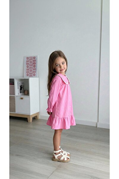 PİNİ CO Kız Çocuk Pembe Bebe Yaka Piko Nakışlı Keten Karışımlı Fırfırlı Elbis...