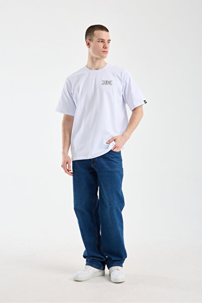 JBC Embroidered Men's White Oversize Thick Tok Fabric Crew Neck T-Shirt