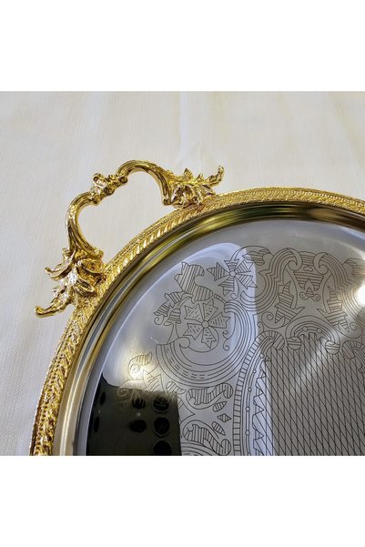 MaviDamla Stainless Steel Tray with Casted Edge Frame 30 cm Silver / Gold Detail
