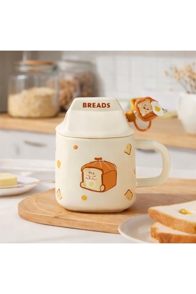 hediyeconcepti 500ml Bread Design Ceramic Mug with Lid – Cute Bread Figured C...