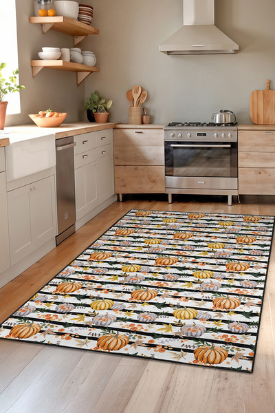 Home Turuncu Kabak Desenli Sonbahar Temalı Şık Dekoratif Mutfak Halısı