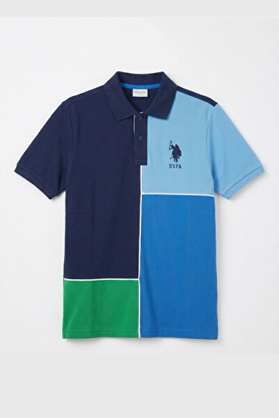 U.S. Polo Assn. Navy Blue & Blue Block Patterned Men's Polo Collar T-Shirt – ...
