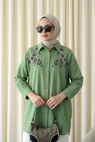 MODAQU Beaded Embroidered Patterned Strawberry Shirt Tunic - Green