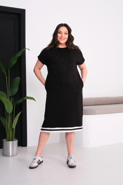 aytemas Stone Embellished Dress with Stripes on the Shoulder and Skirt