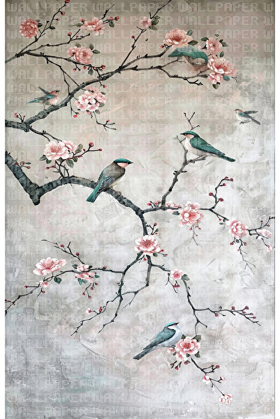 Arterior Wallpaper Çiçekli dallarda kuşlar poster duvar kağıdı