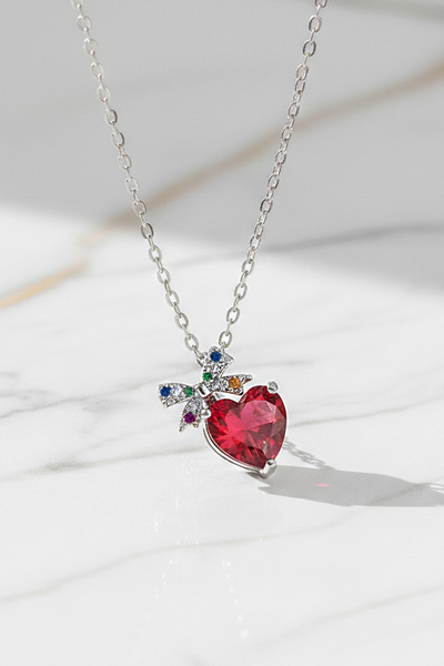 VAOOV Red Heart Steel Necklace with Ribbon