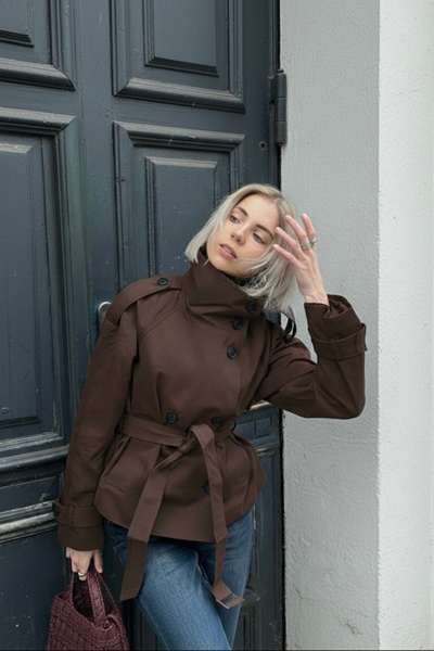Moderk Bsk Stand-Up Collar Brown Short Trench Coat Jacket