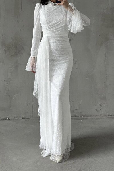 leyuze Lace Tesettür Abiye Beyaz