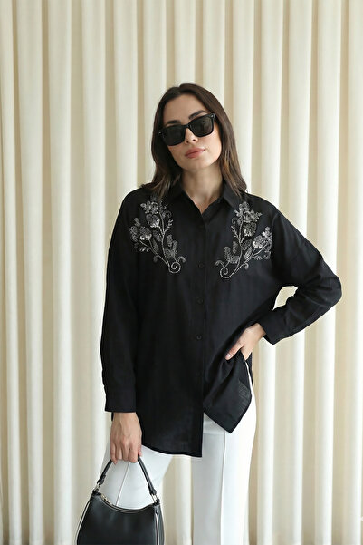 MODAQU Beaded Embroidered Patterned Strawberry Shirt Tunic - Black