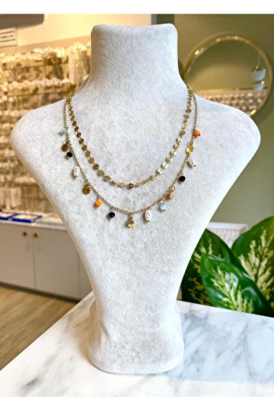 Lilyum Aksesuar ÇELİK Renkli Boncuklu İncili Yıldızlı Kahve Çekirdeği Zincir ...