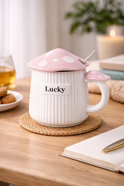 hediyeconcepti 500ml Lucky Mushroom Design Ceramic Mug with Lid – Blue Decora...