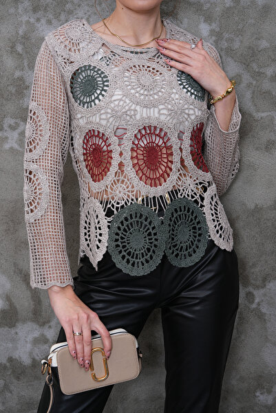 FancyWorld Circle Patterned Crochet Knit Lace Detail Blouse