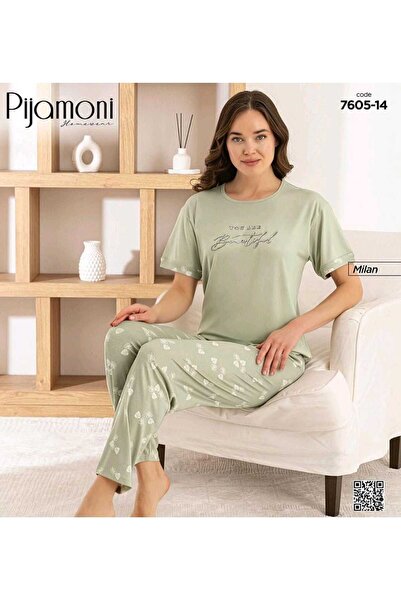Pijamoni 7605-14 Milan Printed Short Sleeve Pajama Set--Aqua Khaki Color--