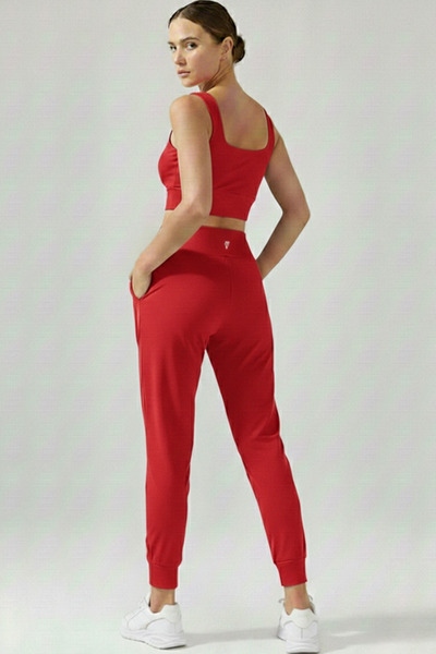 EMFURE Women's Red Double Pocket High Waist Elastic Comfortable Cut Jogger Sw...